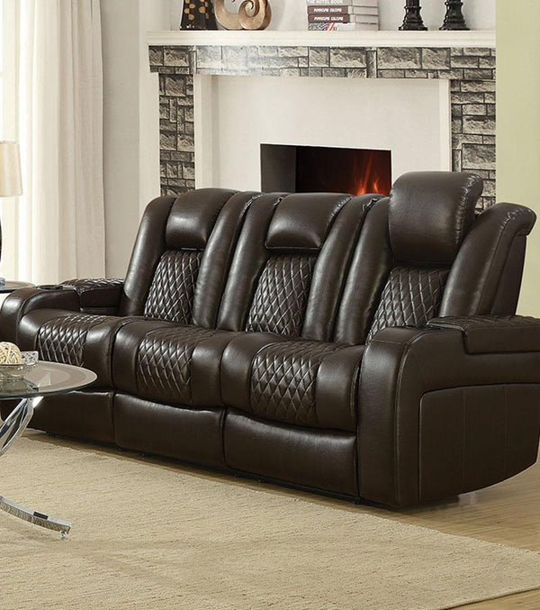 Contemporary Style Padded Plush Leatherette Power Motion Sofa, Dark Brown-Living Room Furniture-Dark Brown-Faux Leather/Wood-JadeMoghul Inc.