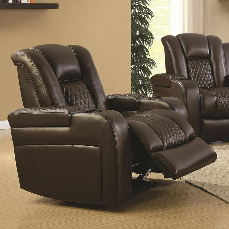 Contemporary Style Padded Plush Leatherette Power Recliner, Brown-Living Room Furniture-Dark Brown-Faux Leather/Wood-JadeMoghul Inc.