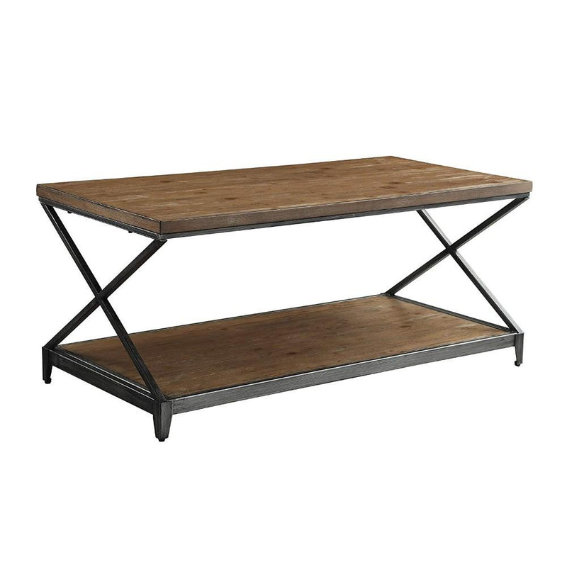 Contemporary Style Rectangular Wood and Metal Coffee Table, Oak Brown and Black-Coffee Tables-Brown and Black-Metal and Wood-JadeMoghul Inc.