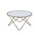 Contemporary Style Round Glass and Metal Coffee Table, White and Gold-Coffee Tables-White and Gold-Glass and Metal-JadeMoghul Inc.