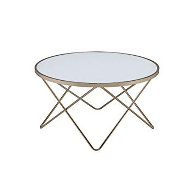 Contemporary Style Round Glass and Metal Coffee Table, White and Gold-Coffee Tables-White and Gold-Glass and Metal-JadeMoghul Inc.