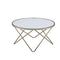 Contemporary Style Round Glass and Metal Coffee Table, White and Gold-Coffee Tables-White and Gold-Glass and Metal-JadeMoghul Inc.