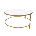 Contemporary Style Round Metal Framed Coffee Table with Glass Top, Gold and Clear-Coffee Tables-Gold and Clear-Metal and Glass-JadeMoghul Inc.