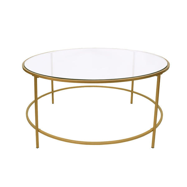 Contemporary Style Round Metal Framed Coffee Table with Glass Top, Gold and Clear-Coffee Tables-Gold and Clear-Metal and Glass-JadeMoghul Inc.