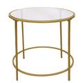 Contemporary Style Round Metal Framed End Table with Glass Top, Gold and Clear-Side and End Tables-Gold and Clear-Metal and Glass-JadeMoghul Inc.