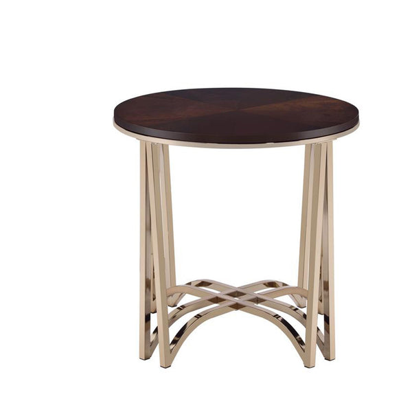 Contemporary Style Round Wood and Metal End Table, Brown and Gold-Side and End Tables-Brown and Gold-Wood Metal and Veneer-JadeMoghul Inc.