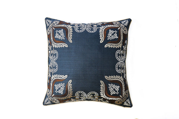 Contemporary Style Set of 2 Throw Pillows With Foliage and Feather Designs, Navy Blue-Accent Pillows-Blue-FABRIC Polyester-JadeMoghul Inc.