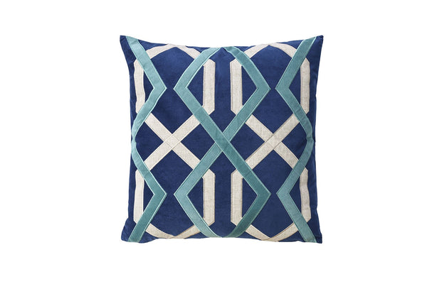 Contemporary Style Set of 2 Throw Pillows With Geometric Patterns, Blue-Accent Pillows-Blue-Polyester Velvet-JadeMoghul Inc.