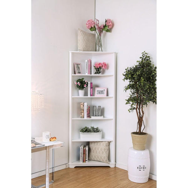 Contemporary Style Solid Wood Five Shelves Corner Bookshelf, White-Racks & Shelves-White-Solid Wood Wood Veneer-JadeMoghul Inc.