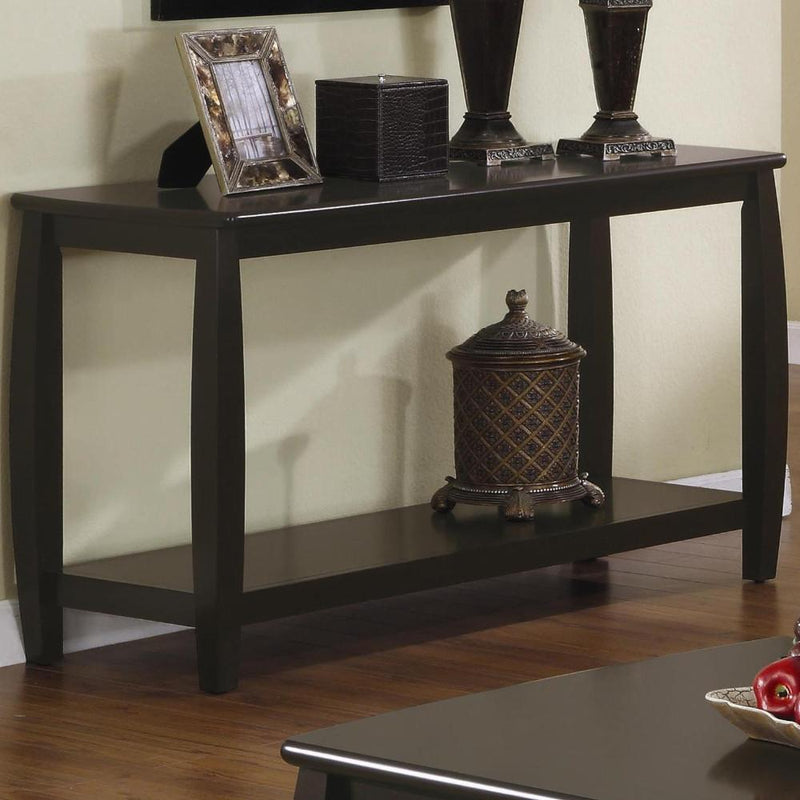 Contemporary Style Solid Wood Sofa Table With Slightly Rounded Shape, Dark Brown-Tables-Dark Brown-Wood-JadeMoghul Inc.