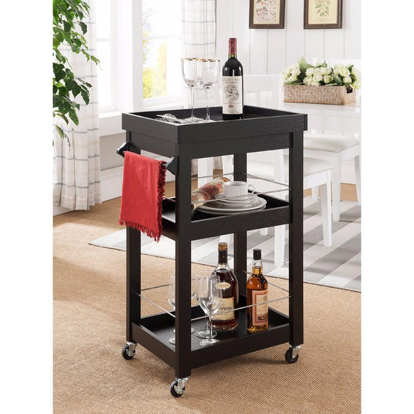 Contemporary Style Wine Cart With Two Shelves, Black-Bar Carts-Black-Marble & Wood-JadeMoghul Inc.