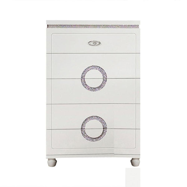 Contemporary Style Wooden Chest with Five Drawers, Glossy White-Cabinet and Storage Chests-White-Wood Metal Faux leather and crystal-JadeMoghul Inc.