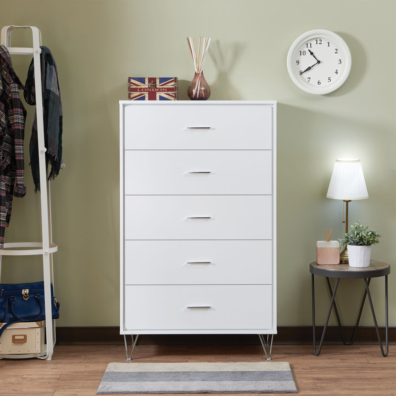 Contemporary Style Wooden Chest with Five Drawers, White-Storage Chests-White-Wood Engineered Wood-JadeMoghul Inc.