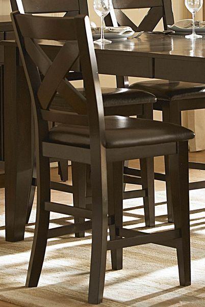 Contemporary Style Wooden Counter Height Chair with X Back Design, Brown-Bar Chairs-Brown-Wood and Faux leather-JadeMoghul Inc.