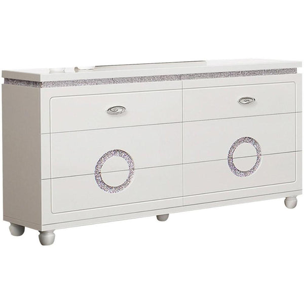 Contemporary Style Wooden Dresser with Six Drawers, Glossy White-Bedroom Furniture-White-Wood Metal Faux leather and crystal-JadeMoghul Inc.