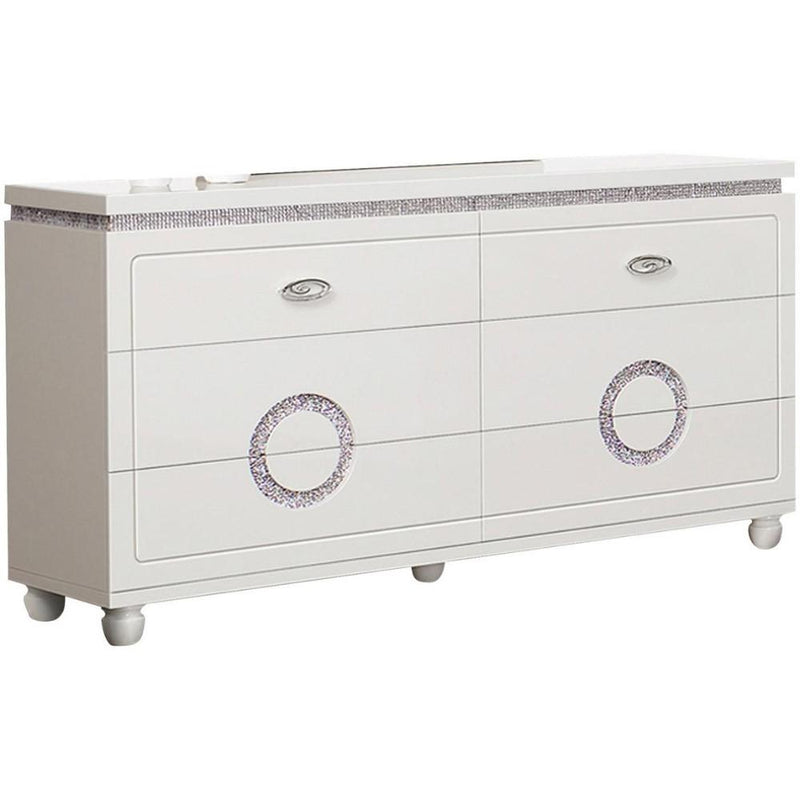 Contemporary Style Wooden Dresser with Six Drawers, Glossy White-Bedroom Furniture-White-Wood Metal Faux leather and crystal-JadeMoghul Inc.