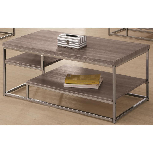 Contemporary Style Wooden Metallic Coffee Table With Two Shelves, Gray-Coffee Tables-Gray-Wood/Metal-JadeMoghul Inc.