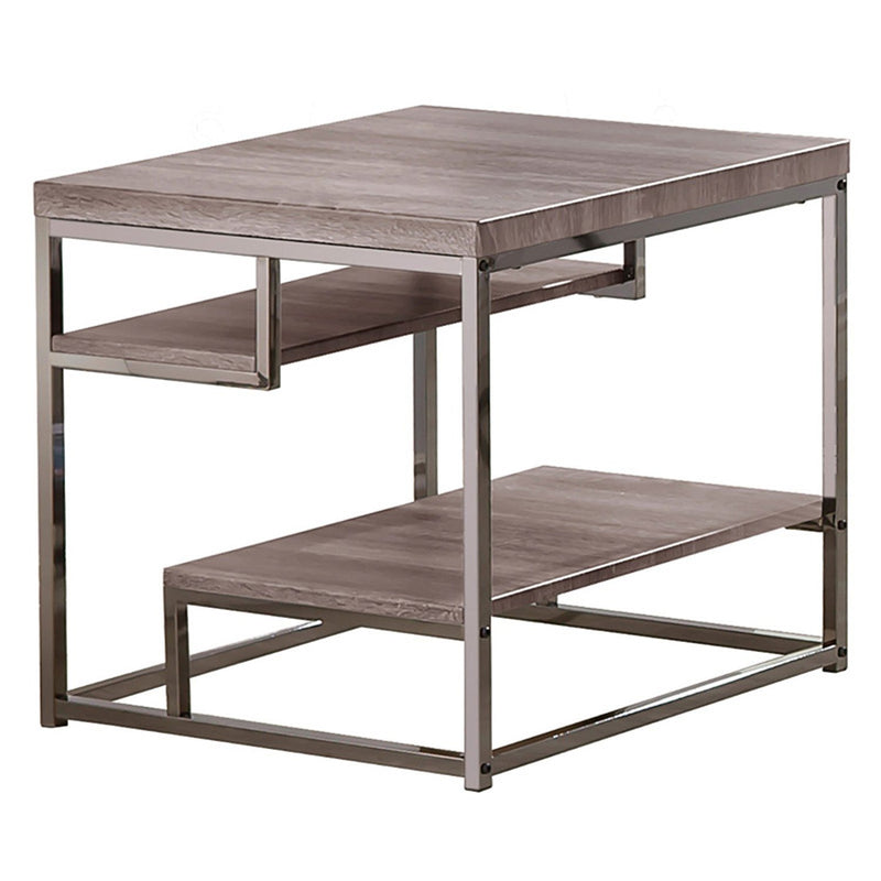 Contemporary Style Wooden Metallic End Table With Two Shelves, Gray-End Tables-Gray-Wood/Metal-JadeMoghul Inc.