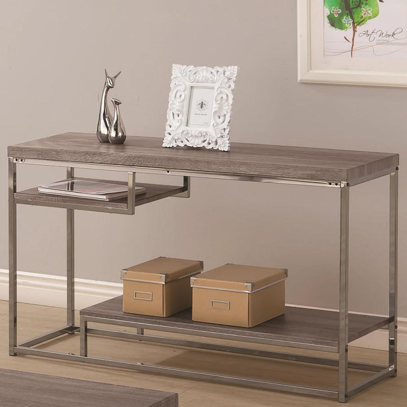 Contemporary Style Wooden Metallic Sofa Table With Two Shelves, Gray-Tables-Gray-Wood/Metal-JadeMoghul Inc.