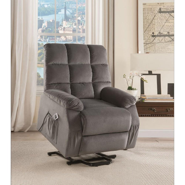 Contemporary Velvet and Metal Recliner with Power Lift, Gray-Living Room Furniture-Gray-Velvet and Metal-JadeMoghul Inc.
