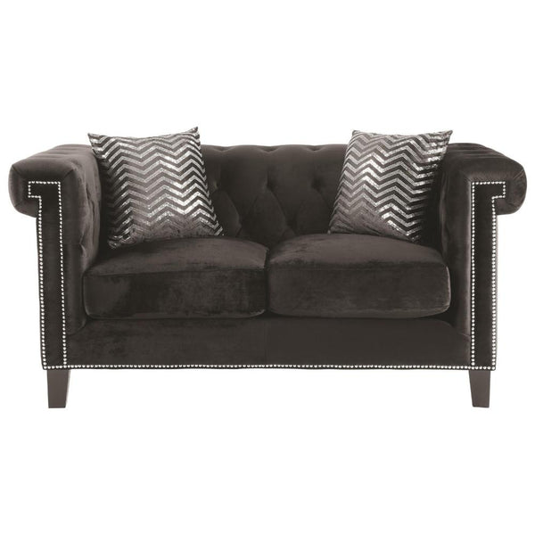 Contemporary Velvet Fabric & Wood Loveseat With Nailhead Trim, Charcoal Gray-Living Room Furniture-Gray-Velvet Fabric and Wood-JadeMoghul Inc.