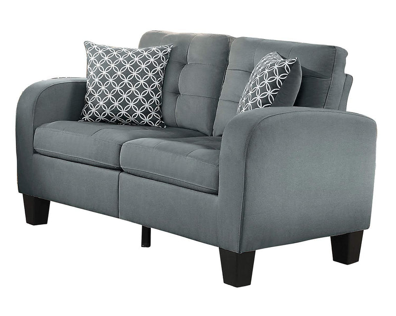 Contemporary Wood Love Seat With Tufted Upholstery, Sand Gray Finish-Loveseats-Gray-Wood Fabric-JadeMoghul Inc.
