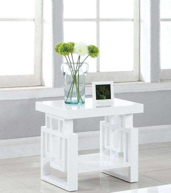 Contemporary Wooden End Table With Designer Sides & Shelf, Glossy White-End Tables-White-Wood-JadeMoghul Inc.