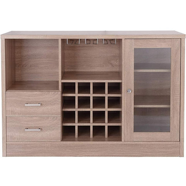 Contemporary Wooden Server with One Side Door Storage Cabinets and Two Drawers, Brown-Cabinet and Storage Chests-Brown-Wood and Glass-JadeMoghul Inc.