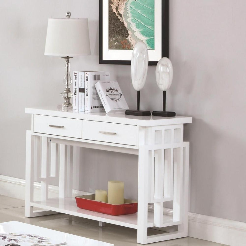 Contemporary Wooden Sofa Table With Designer Sides & Shelf, Glossy White-Tables-White-Wood-JadeMoghul Inc.