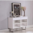 Contemporary Wooden Sofa Table With Metallic Base, Glossy White-Tables-White-Wood/Metal-JadeMoghul Inc.