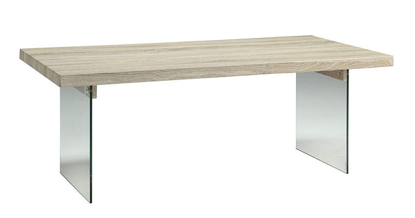 Conventional Coffee Table, Clear Glass & Oak Brown-Coffee Tables-Brown-MDF PVC Veneer Glass-JadeMoghul Inc.