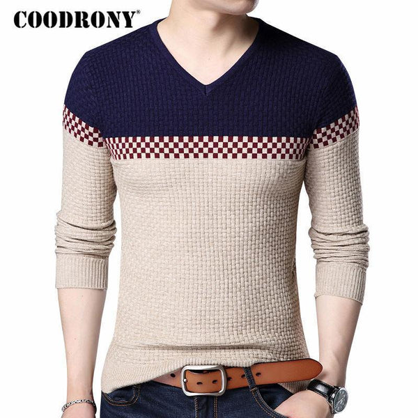 COODRONY 2018 Autumn Winter Warm Wool Sweaters Casual Hit Color Patchwork V-neck Pullover Men Brand Slim Fit Cotton Sweater 155-Beige-S-JadeMoghul Inc.