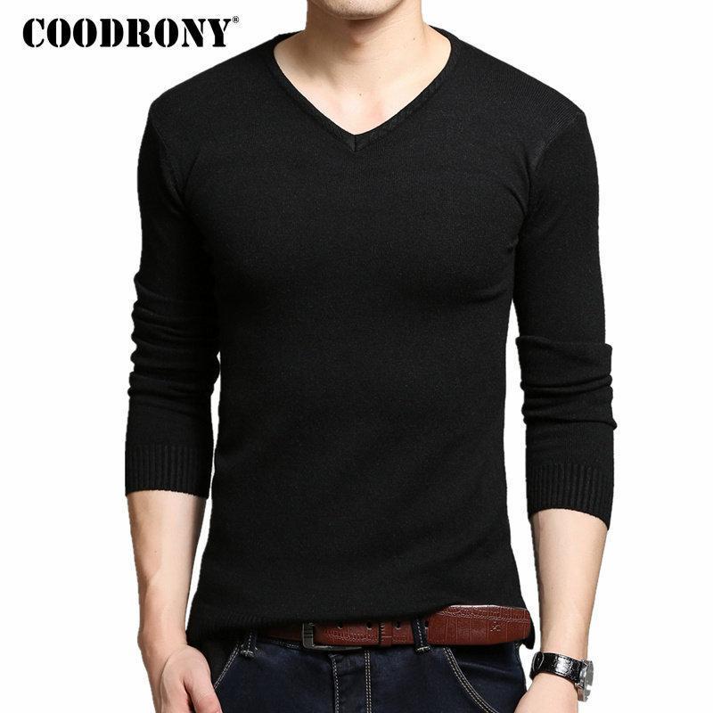 COODRONY Autumn Winter Thick Warm Cashmere Wool Sweater Men Solid Color V-Neck Knitted Pullover Men Slim Fit Pull Homme Top 6645-Black-XL-JadeMoghul Inc.