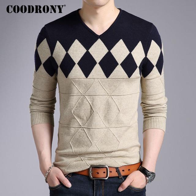 COODRONY Cashmere Wool Sweater Men 2018 Autumn Winter Slim Fit Pullovers Men Argyle Pattern V-Neck Pull Homme Christmas Sweaters-Khaki-S-JadeMoghul Inc.