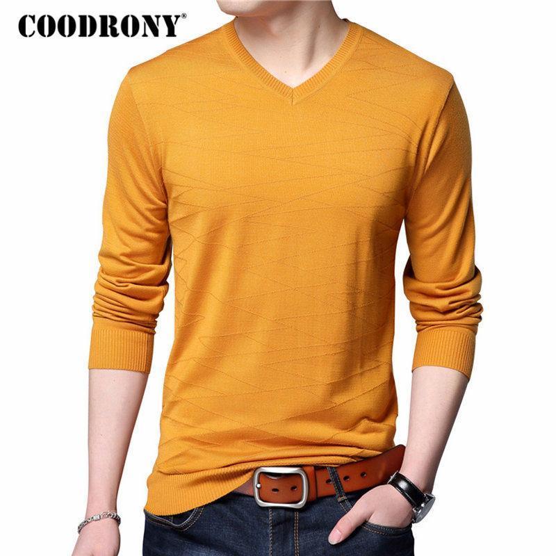 COODRONY Knitted Wool Pullover Men Casual V-Neck Sweater Men Brand Clothing Mens Cotton Sweaters Slim Fit Pull Homme Shirts 7129-Red-S-JadeMoghul Inc.