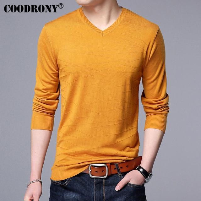 COODRONY Knitted Wool Pullover Men Casual V-Neck Sweater Men Brand Clothing Mens Cotton Sweaters Slim Fit Pull Homme Shirts 7129-Yellow-S-JadeMoghul Inc.