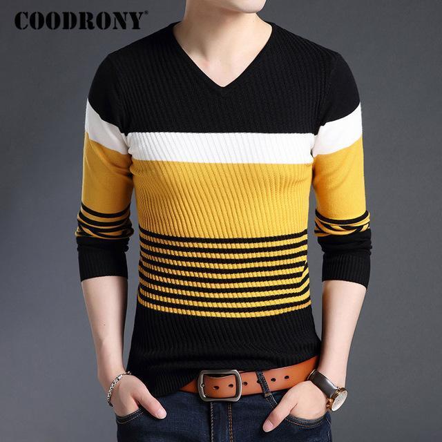 COODRONY Sweaters Thick Warm Pullover Men Casual Striped V-Neck Sweater Men Clothing 2018 Autumn Winter Knitwear Pull Homme 8162-Black-S-JadeMoghul Inc.