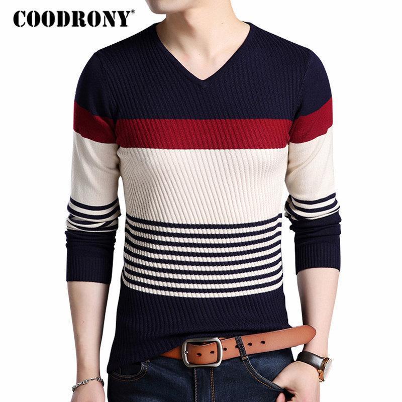 COODRONY Sweaters Thick Warm Pullover Men Casual Striped V-Neck Sweater Men Clothing 2018 Autumn Winter Knitwear Pull Homme 8162-Black-S-JadeMoghul Inc.