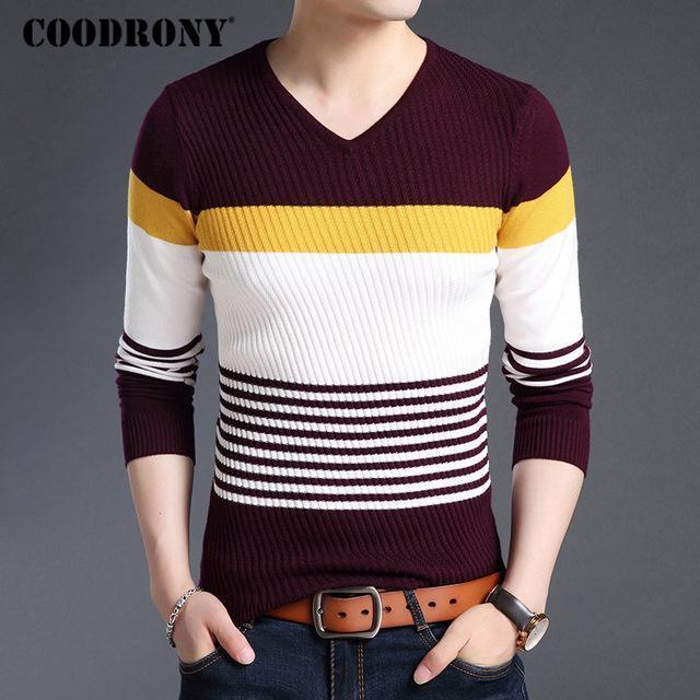 COODRONY Sweaters Thick Warm Pullover Men Casual Striped V-Neck Sweater Men Clothing 2018 Autumn Winter Knitwear Pull Homme 8162-Burgundy-S-JadeMoghul Inc.