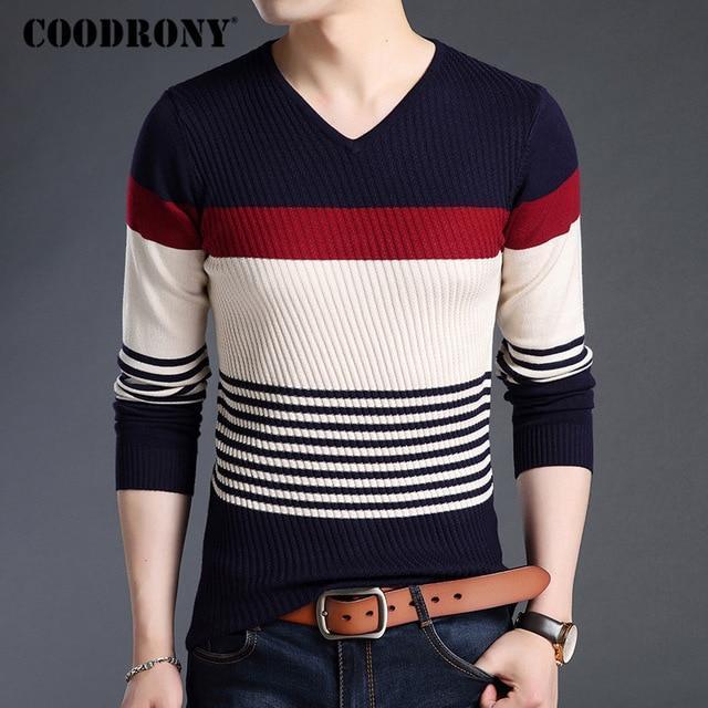 COODRONY Sweaters Thick Warm Pullover Men Casual Striped V-Neck Sweater Men Clothing 2018 Autumn Winter Knitwear Pull Homme 8162-Navy Blue-S-JadeMoghul Inc.
