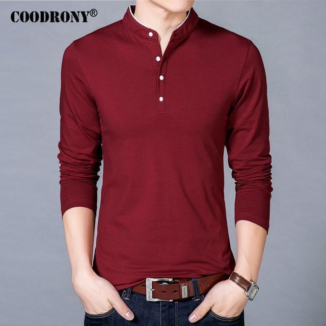 COODRONY T-Shirt Men 2017 Spring Autumn New 100% Cotton T Shirt Men Solid Color Tshirt Mandarin Collar Long Sleeve Top Tees 7608-Red-S-JadeMoghul Inc.