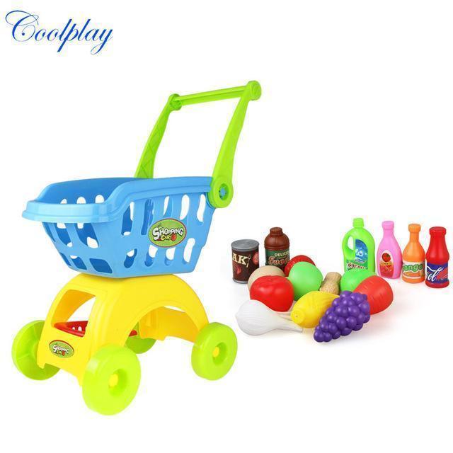 Coolplay CP1805 Children Play House Toys Simulation Supermarket Shopping Cart Mini trolleys with Fruit Vegetable Kitchenware-Blue with Food-JadeMoghul Inc.