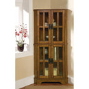 Corner Curio Cabinet With Windowpane-Style Door Fronts, Brown-Accent Chests and Cabinets-Brown-Wood-JadeMoghul Inc.