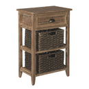 Cottage Style Wooden Accent Table with Two Woven Storage Baskets, Brown-Bor Cabinets & Carts-Brown-Wood engineered wood Veneer and metal-JadeMoghul Inc.