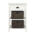 Cottage Style Wooden Accent Table with Two Woven Storage Baskets, White and Brown-Accent Tables-White and Brown-Wood engineered wood Veneer and metal-JadeMoghul Inc.
