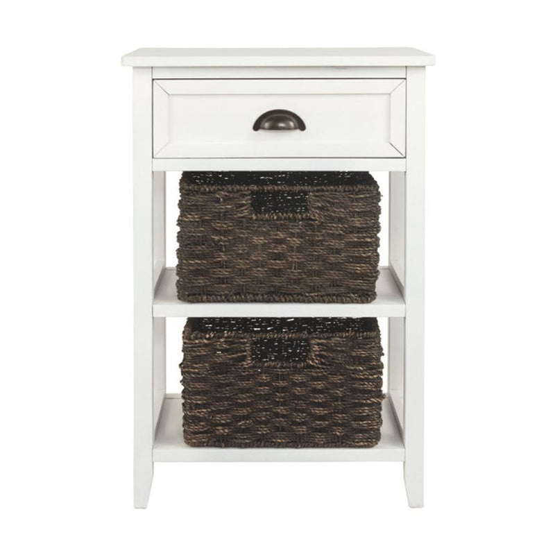 Cottage Style Wooden Accent Table with Two Woven Storage Baskets, White and Brown-Accent Tables-White and Brown-Wood engineered wood Veneer and metal-JadeMoghul Inc.