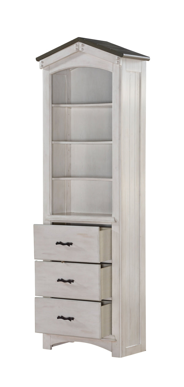 Cottage Style Wooden Bookcase with Three Drawers and Four Shelves, White and Brown