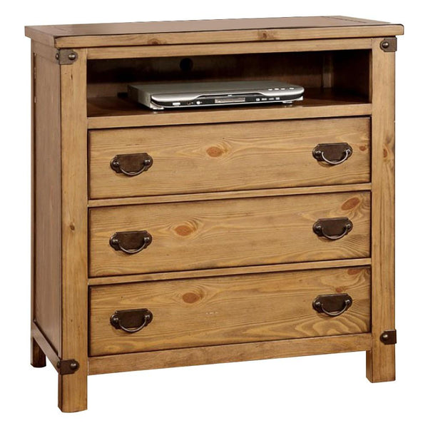 Cottage Style Wooden Media Chest with Three Drawers, Brown-Accent Chests and Cabinets-Brown-Wood-JadeMoghul Inc.
