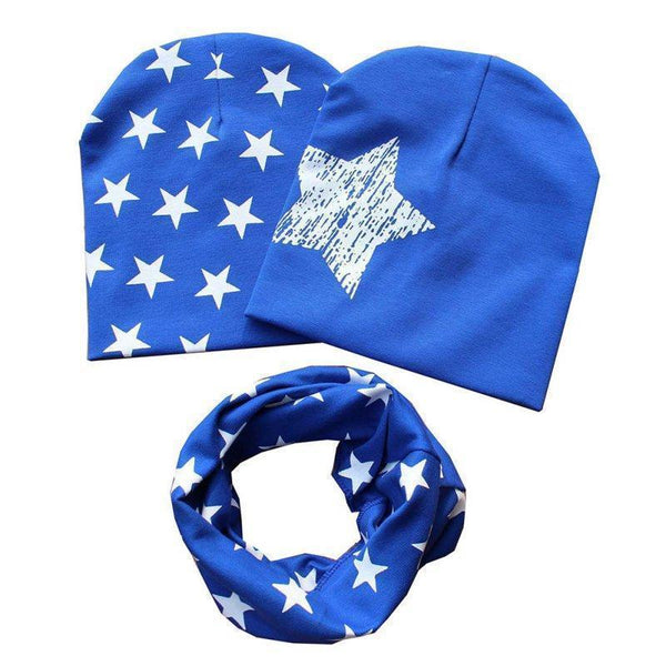 Cotton Baby Hat Scarf Kids Hat Autumn Winter Children Scarf-collar Boys Girls Warm Beanies Star Print Infant Hats Sets-Black-M-JadeMoghul Inc.