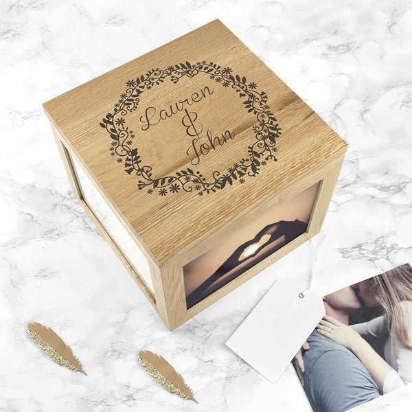 Personalized Keepsake Box Couples' Oak Photo Keepsake Box with Floral Frame